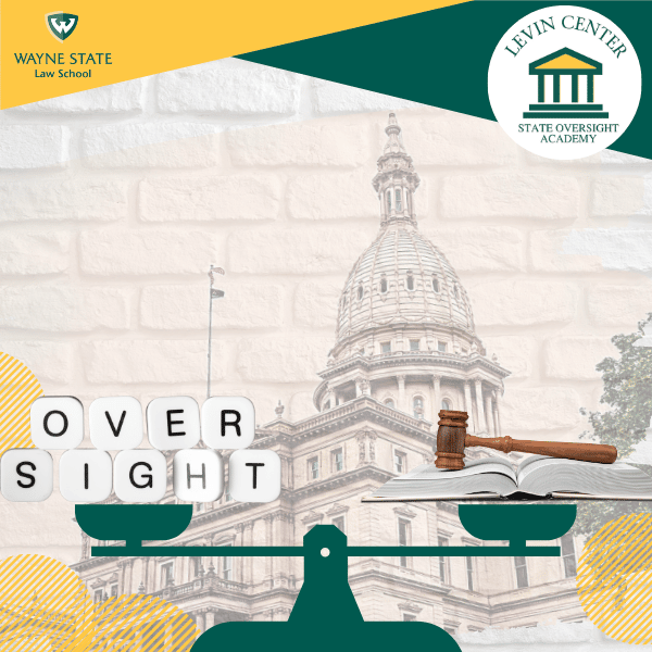 State Oversight Academy panel cover image with scale image. On the left side of the scale are tiles spelling out "Oversight" and on the right is a book with a gavel on top of it