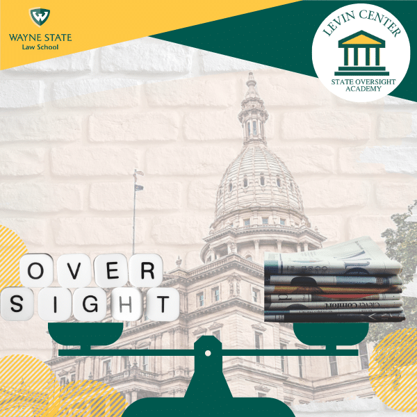 State Oversight Academy panel cover image with scale image. On the left side of the scale are tiles spelling out "Oversight" and on the right is a stack of newspapers